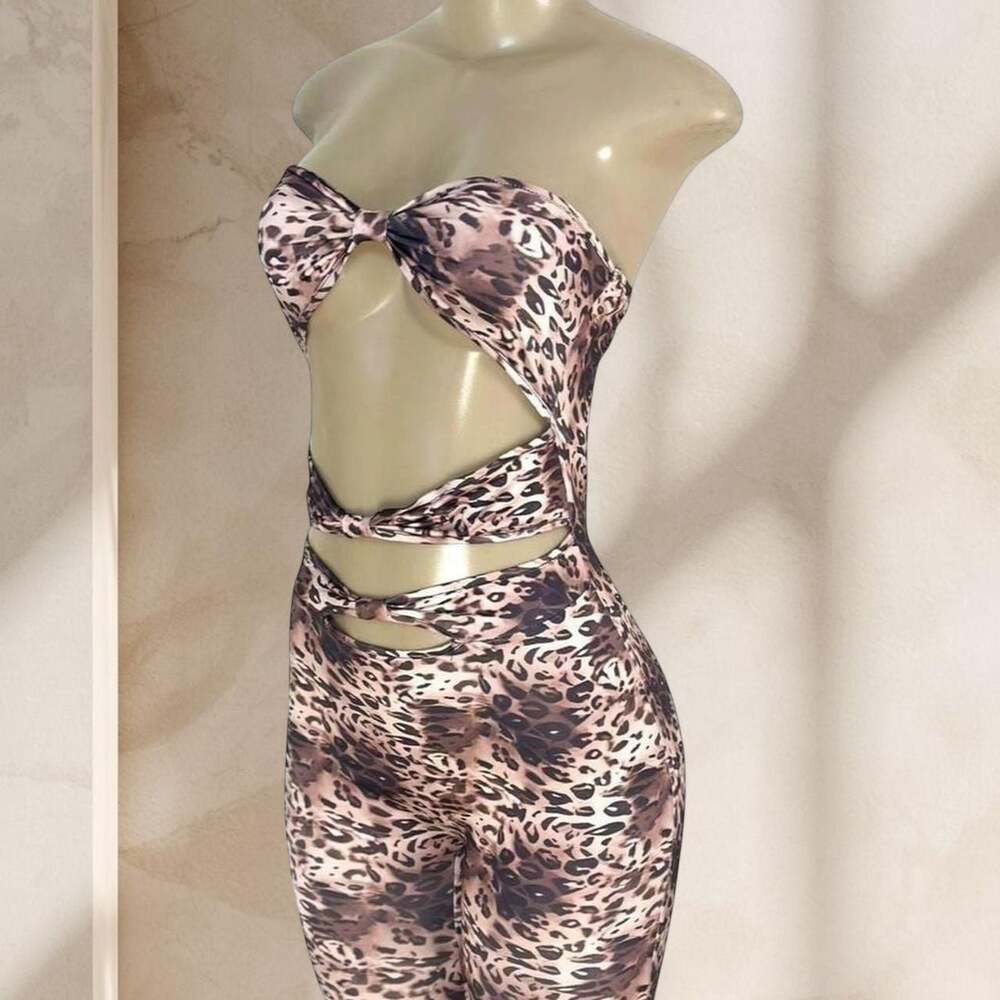 Leopard Two Piece Set – Strapless Top & High Waisted Leggings Sexy Y2K ✧ M - Picture 1 of 4